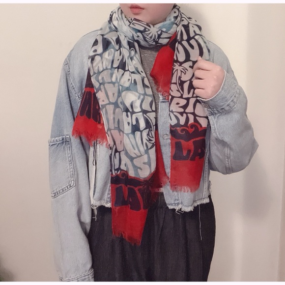 NWT Lanvin 100% Wool Logo Print Scarf Palm Trees Tropical Blue Red - Picture 1 of 12